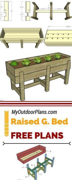 the plans for raised bed garden table and bench are shown in three different sizes, including two