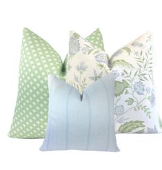 "Flying Tack Curated Collection #14.  Curated collection of 3 pillow covers. Soft blue and green pillow cover combination.  Kathy Vine Blue / Green, Green Palm Trees, Haint Blue Stripe.  Designer fabrics. Knife Edge Finish. --------------------------------------------------------------------------------- Two Size Options available: Option 1: 1 Each:  20\" x 20\" Kathy Vine Blue / Green - 100% Linen - 1 Side Solid Oyster Linen - 504 1 Each:  20\" x 20\" Palm Trees on Green - 100% Linen -  1 Side Green Palm Trees, Pillow Combo, Haint Blue, Green Pillow Covers, Pillow Combos, Living Room Green, Green Rooms, Bedroom Green