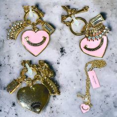 Juicy Couture Multi Charm Necklace Nwt Approx. 8.5” Cute Pink Jewelry With Chain Detail, Cute Pink Jewelry With Chain, Trendy Pink Charm Necklace, Trendy Pink Necklace With Charms, Chic Pink Chain Jewelry, Trendy Personalized Pink Necklace, Crochet Mat, Juicy Couture Accessories, Juicy Couture Charms