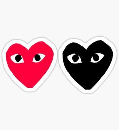 two heart shaped stickers with eyes in the shape of hearts, one black and one red