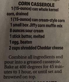 a recipe for corn casserole is shown on a paper sheet with instructions to make it