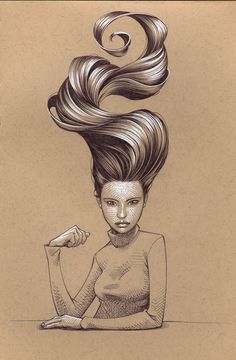 a drawing of a woman with her hair in the shape of a spiral on top of her head