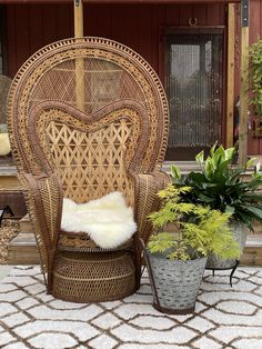 a wicker chair sitting on top of a white rug next to a potted plant