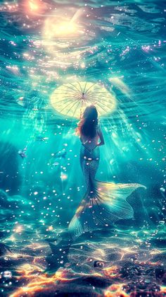 a mermaid holding an umbrella under the water