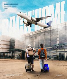 two people with luggage walking towards an airplane in front of a building that says back to home