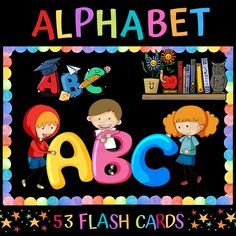 the alphabet abc and c flash cards are in front of a black background with stars