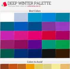 Best and worst Deep Winter colors. Teknik Makeup, Deep Winter Palette, Deep Winter Colors, Winter Palette, Winter Color Palette, Cool Winter, Outfit Chic, Deep Winter, Color Palate