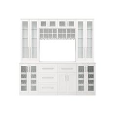 a white cabinet with glass doors and drawers on the bottom, in front of a white background