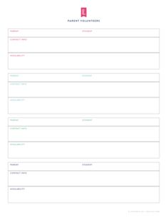 a printable worksheet with the words parent volunteer written on it in pink and green