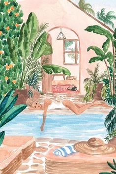 a watercolor painting of a woman swimming in a pool surrounded by tropical trees and plants