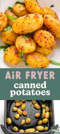 air fryer filled with baked potatoes and garnished with herbs