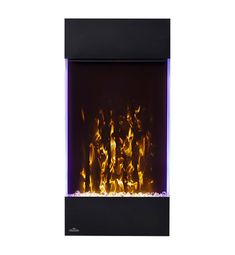 an electric fireplace that is lit up with yellow and orange fire flames in the background