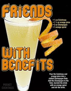 an advertisement for friends with benefits featuring orange peels in a tall glass filled with liquid