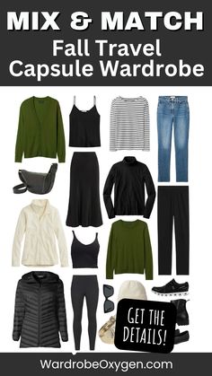 Get Inspiration from our Mix & Match Fall Travel Capsule Wardrobe for your fall travel plans. Pack 12 versatile looks in one carry-on by blending unexpected pieces, such as cozy cashmere with athletic leggings or trendy distressed denim with washable silk. This chic black and dark green palette effortlessly transitions from casual to classy. Complete your outfits with standout accessories for a confident finish. Travel smart and stylish this fall with these essential wardrobe pieces! Dark Green Palette, Capsule Wardrobe Checklist, Essential Wardrobe Pieces, Carryon Bag, Travel Smart, Capsule Wardrobe Essentials, Capsule Wardrobe Outfits