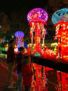 people are standing in front of colorful lights