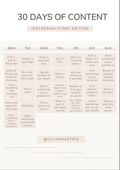 the 30 days of content instagram story with text overlaying it and an image of