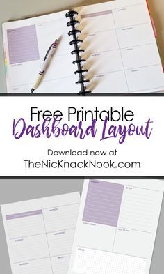 the free printable dashboard layout is displayed on top of an open notebook with a pen and