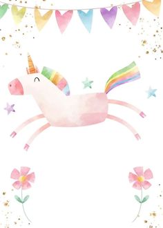 a watercolor painting of a unicorn with stars and flowers on it's back