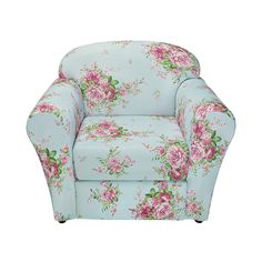 a blue floral chair with pink flowers on the armrests and seat cushiones