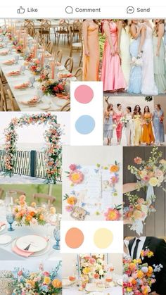 Spring Bridal Colors, Bright Colorful Wedding Palette, Wedding Themes Bright, Pastel Sunset Color Palette Wedding, Spring Wedding Colors Pastel, Rainbow Pastel Wedding Theme, Santorini Greece Wedding Decor, Colourful Wedding Scheme, Intimate Spring Wedding