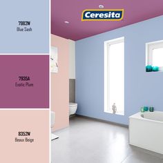 a bathroom with blue, pink, and white paint colors in the same color scheme