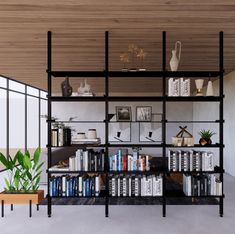 a book shelf filled with lots of books next to a plant and potted plants