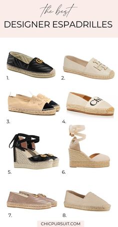 The best designer espadrilles worth splurging on! These are the best designer shoes, designer flats and summer shoes for women that everyone should consider buying, even for the hefty price tag. We've included the best designer shoes for women from Gucci, Chanel, YSL, Chloe, Tory Burch, Prada and Castaner. #espadrilles #designershoes #summershoes #designerespadrilles #shoesforwomen #shoes #designershoesforwomen Designer Espadrilles, Bridal Sneakers, Stylish Shoes For Women, Timeless Shoes, Smart Casual Wear, Accessories Jewelry