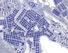 a blue and white drawing of a city map