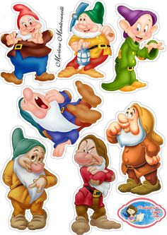 snow white and the seven dwarfs stickers are shown in various poses, with different expressions