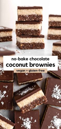 no - bake chocolate coconut brownies stacked on top of each other