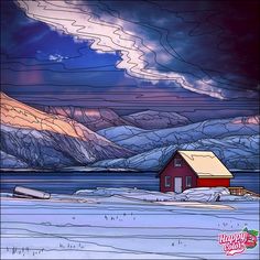 a red house sitting on top of a snow covered field next to mountains under a cloudy sky