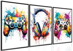 three video game controllers with colorful paint splatters on the sides and one has headphones attached to it