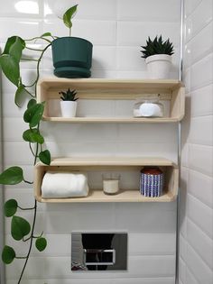 three shelves with plants and toiletries on them in a white tiled shower stall area