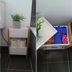 two pictures of an open drawer with toilet paper and plants in it, on the floor next to a sink