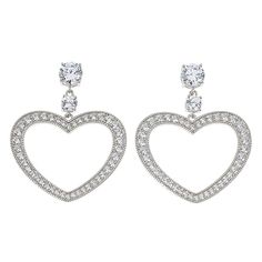 Radiance by Absolute™ 3.99ctw Open Heart Drop Earrings Modern love. Fall into it every time you wear this dangly, open-heart earring design. It's a fresh and simple take on a timeless symbol.       Each approx. 1-3/8"L x 1-1/8"W     Stamped .925 sterling silver; rhodium plating or goldtone; polished finish      Pierced with clutch backs    Stone Information       All sizes and weights, including diamond equivalent weights (DE), are approximate     Total Carat Weight: 6.80ctw, 3.99ctw (DE)     Cl Classic Heart Shaped Earrings With Diamond Accents, Elegant Open Heart Cubic Zirconia Earrings, Classic Dangle Heart Earrings For Anniversary, Valentine's Day Double Heart Classic Earrings, Valentine's Day Classic Double Heart Earrings, Classic Double Heart Wedding Earrings, Classic Double Heart Earrings For Wedding, Classic Valentine's Day Heart Earrings, Classic Heart-shaped Wedding Earrings