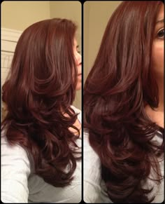 Ways To Dye Brunette Hair, Burgundy Hair Layers, Burgundy Hair With Layers, Medium Reddish Brown Hair Color, Thick Auburn Hair, Spring Brunette Hair, Brick Red Hair, Red Hair With Layers, Voluminous Haircut