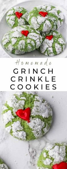 green crinkle cookies with white powdered sugar and red hearts on the top