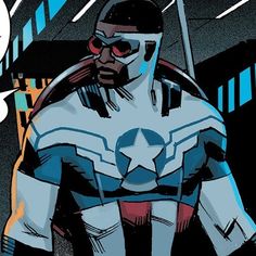 a man in a captain america costume standing next to a building with a speech bubble above his head