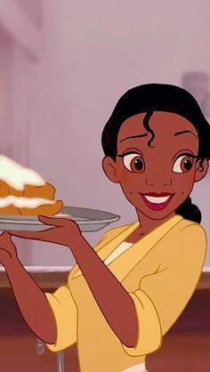 the princess and the frog is holding a plate with cake on it in front of her