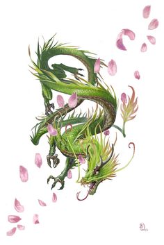 a drawing of a green dragon surrounded by pink flowers