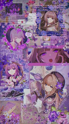 an anime collage with purple flowers and pictures on the bottom half of each page