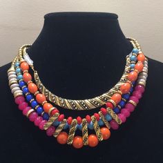 Beautiful Nwt Statement Necklace. Multicolored Beads And Metal Trim. This Item Comes With Matching Earrings. Make And Offer Today Kate Jewelry, Crochet Bib, Metal Trim, Chunky Necklace, Bib Necklace, Necklace Earring Set, Jewelry Necklace, Orange Pink, Matching Earrings