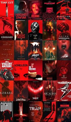 many different movie posters in red and black