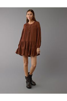 High neck with half button-up closure/Lacy inset details/Balloon sleeves/Tiered skirt Tights Under Dress, Brown Tights, Long Sleeve Babydoll Dress, Flowy Shirt, Boho Chic Dress, Under Dress, Tiered Skirt, Balloon Sleeves, Babydoll Dress