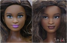 two pictures of a barbie doll with brown hair and blue eyes, one has pink lipstick on her lips