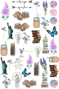 the statue of liberty is surrounded by flowers and books, with butterflies flying around it