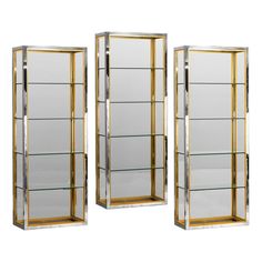 three mirrored shelves with gold trim and glass doors