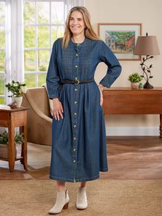 For effortless style, a jean dress made of soft cotton denim belongs in everyone's wardrobe. This midi dress is designed to flatter with a full-button front, a pretty pintucked bodice, 3/4 sleeves, a banded collar, banded button cuffs, and a straight hem. Pintucked bodice Full-button front 3/4 sleeves Banded collar Banded button cuffs Straight hem Approx. 48" long 100% cotton Machine wash and dry Imported Exclusive to The Vermont Country Store | Pintuck Cotton Denim Dress - Blue - 2X-Large - The Casual Denim Dress, Vermont Country Store, Jean Dress, Country Store, Pin Tucks, Jumper Dress, Dress Blue, Jeans Dress, Vermont