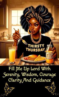 a woman sitting at a table with food in front of her and the caption reads, fill me up lord with serenity