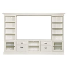 a white entertainment center with shelves and drawers on each side, in front of a large mirror